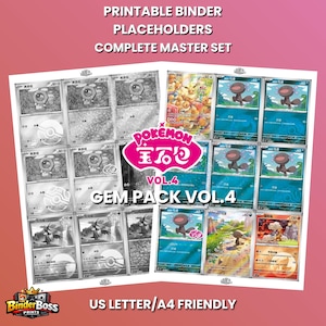Puede incluir: Un conjunto de marcadores para carpetas titulado Pokemon Gem Pack Vol. 4, que muestra una cuadrícula de cartas coleccionables. El diseño incluye tarjetas en escala de grises y a todo color con varias ilustraciones de criaturas, texto y símbolos.