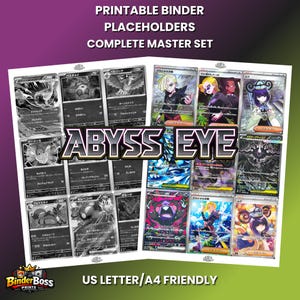 Puede incluir: Un conjunto de marcadores imprimibles para carpetas titulado ABYSS EYE, que presenta una colección de imágenes de cartas coleccionables en escala de grises y a todo color. El diseño incluye ilustraciones y texto, formato A4 y US Letter.