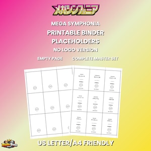 Puede incluir: Marcadores de carpeta imprimibles con el texto "MEGA SYMPHONIA" y "NO LOGO VERSION". El diseño incluye páginas vacías y un conjunto maestro completo, con texto japonés y el texto "US LETTER/A4 FRIENDLY". El fondo es rosa y amarillo degradado.