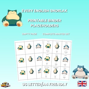 Op de afbeelding: Een afdrukbare map-placeholder set met de Pokémon Snorlax. De afbeelding bevat de tekst "EVERY ENGLISH SNORLAX" en "PRINTABLE BINDER PLACEHOLDERS". De set is US Letter/A4-vriendelijk.