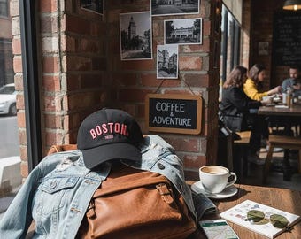 Red Boston 1630 Cap | Black Cotton Baseball Hat | City Travel Dad Hat