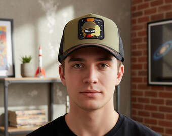 Marvin Martian Trucker Hat | Olive Green Looney Tunes Cap | Mesh Back Adjustable Snapback