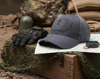 Skull Patch Tactical Cap | Grey Mesh Baseball Hat | Outdoor Sports Trucker Hat
