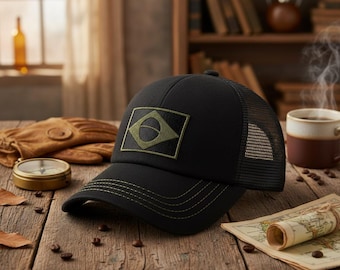 Brazilian Flag Cap | Black Mesh Trucker Hat | Adjustable Baseball Cap