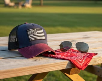 American Flag Trucker Hat | Distressed Mesh Back Cap | Navy Red Patriotic Hat