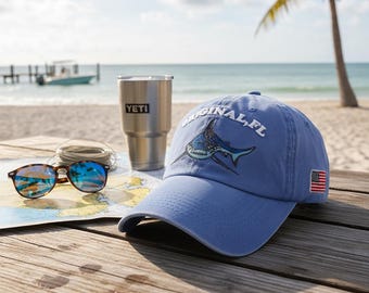 Gorra de béisbol con estampado de pez marlín / Gorra azul lavada estilo "dad hat" para hombre / Gorra de pesca de Florida