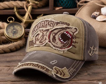 Gorra con boca de tiburón / Gorra de béisbol de algodón desgastado / Gorra vintage bordada para hombre