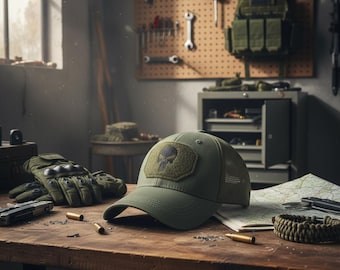 Punisher Skull Cap | Olive Green Tactical Hat | Mesh Back Baseball Cap