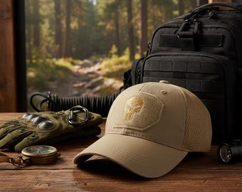 Skull Patch Cap | Khaki Mesh Trucker Hat | Tactical Outdoor Cap