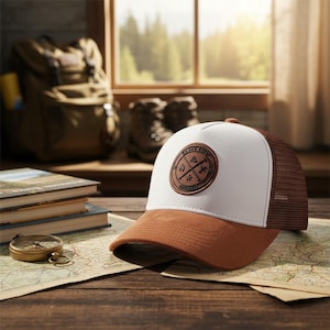 Happy Life Patch Trucker Hat | Adventure Compass Cap | Brown Mesh Snapback