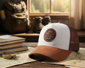Happy Life Patch Trucker Hat | Adventure Compass Cap | Brown Mesh Snapback