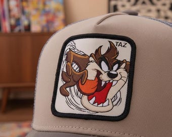 Tasmanian Devil Patch Cap | Looney Tunes Trucker Hat | Adjustable Beige Grey Snapback