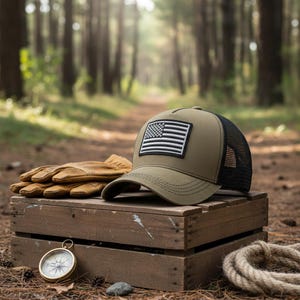 Può includere: Un cappellino da camionista verde oliva e nero con una toppa della bandiera americana, appoggiato su una cassa di legno con guanti di pelle e una bussola. Il cappellino ha un retro in rete e una visiera curva. Gli oggetti sono in un bosco.