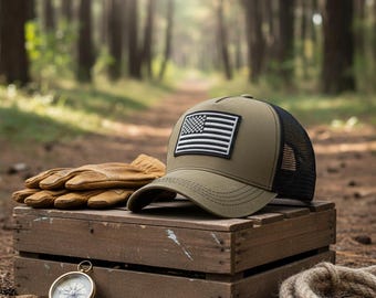 American Flag Patch | Olive Green Trucker Hat | Mesh Back Baseball Cap