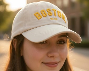 Boston Embroidered Cap | Beige Cotton Baseball Hat | Unisex Adjustable Dad Hat