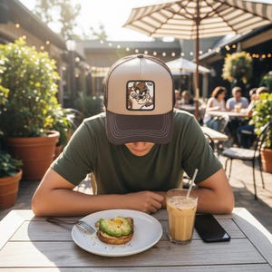 Taz Patch Trucker Hat | Looney Tunes Baseball Cap | Beige Brown Mesh Snapback