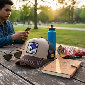 Può includere: Un cappellino da baseball Road Runner marrone e beige con retro in rete nera, una borraccia blu, un sacchetto di patatine, un paio di occhiali da sole e un diario in pelle con un personaggio dei cartoni animati su un tavolo di legno.