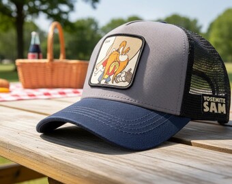 Yosemite Sam Patch Hat | Gray Navy Trucker Cap | Looney Tunes Baseball Style