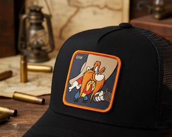 Yosemite Sam Patch Cap | Black Mesh Trucker Hat | Cartoon Character Baseball Cap