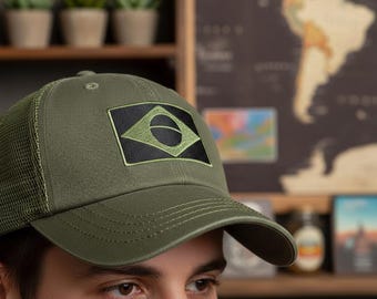 Brazil Flag Patch Trucker Hat | Olive Green Mesh Baseball Cap | Adjustable Casual Headwear