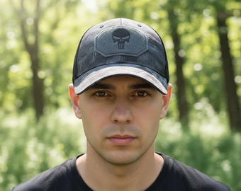 Punisher Skull Patch | Dark Camo Trucker Hat | Tactical Baseball Cap for Men