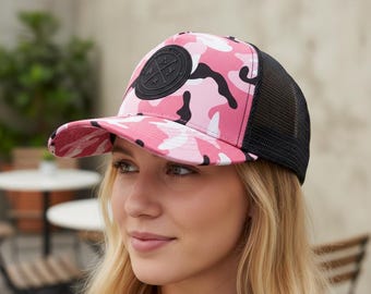 Ponytail Pink Camo Hat | Women's Mesh Trucker Cap | Adjustable Baseball Hat