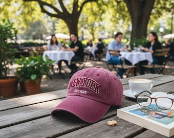 New York Embroidered Cap | Maroon Baseball Hat for Men & Women | Vintage Style Dad Hat