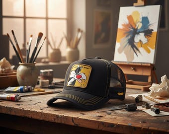 Gorra Sylvester Flower Patch / Gorra de camionero de malla negra / Gorra de béisbol con personaje de dibujos animados