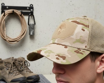 Camo Skull Emblem Cap | Multicam Tactical Trucker Hat | Adjustable Mesh Baseball Cap