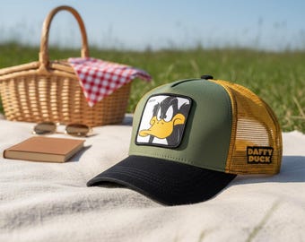 Daffy Duck Patch Hat | Olive Green Trucker Cap | Looney Tunes Mesh Back Hat