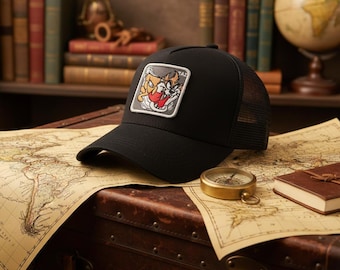 Fox Head Patch Hat | Black Mesh Trucker Cap | Adjustable Baseball Cap