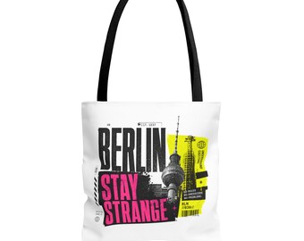 Berlin Stay Strange Tote Bag | City Skyline Graphic, Neon Pop Art