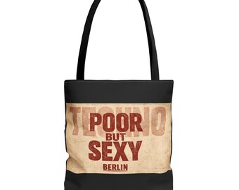 Poor But Sexy Berlin Tote Bag | Vintage Typography AOP Techno Poor But Sexy T-Shirt | Techno music Bug Berlin| Berlin Tasche