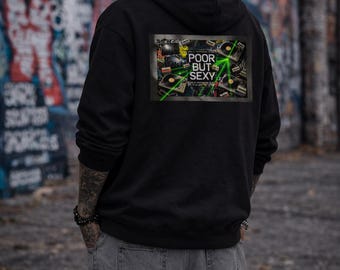 Poor But Sexy Hoodie | Retro Snack Collage, Neon Graphics Techno Hoodie: retro pop art rave outfit | Berghain outfit | Berlin underground