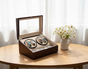 Automatic Watch Winder Box 4 Winders 6 Storage Slots, PU Leather Watch Case