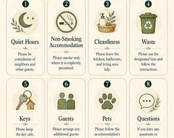 May include: A beige informational sign titled House Rules with dark green text and botanical illustrations. It features eight numbered sections with icons for quiet hours, non-smoking, cleanliness, waste, keys, guests, pets, and questions.