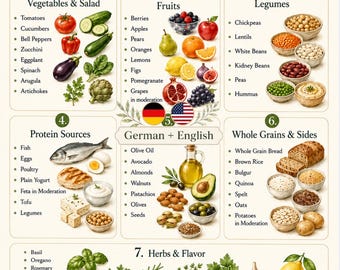 May include: A Mediterranean Food List infographic featuring seven categorized sections including vegetables, fruits, legumes, protein sources, German and English items, whole grains, and herbs. It includes illustrations of food items and text.
