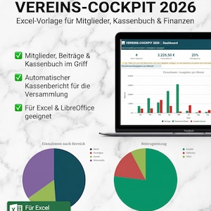 Può includere: Un laptop mostra un dashboard finanziario con grafici. Il testo "VEREINS-COCKPIT 2026" e "Excel-Vorlage" sono visibili. Sono presenti anche grafici a torta e un'icona verde di Excel.