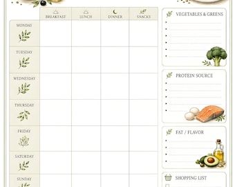 May include: A Low Carb Weekly Meal Planner template featuring a grid for breakfast, lunch, dinner, and snacks from Monday to Sunday. It includes sections for vegetables, protein, fats, a shopping list, meal prep, and notes with botanical illustrations.