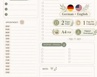May include: A digital daily planner template featuring sections for top 3 priorities, a to-do list, appointments from 06:00 to 21:00, shopping errands, notes, and water intake tracking. The layout includes botanical leaf accents and text in English.