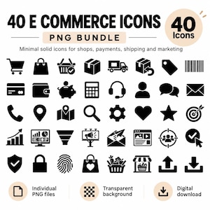 Könnte beinhalten: Eine digitale Sammlung von 40 schwarzen E-Commerce-Symbolen in einem PNG-Paket. Das Set enthält Symbole für Einkaufswagen, Versand, Zahlungen, Marketing und Kundenservice, dargestellt als solide schwarze Grafiken auf weißem Grund.
