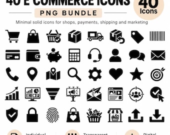 May include: A digital collection of 40 black e-commerce icons in a PNG bundle. The set includes symbols for shopping carts, shipping, payments, marketing, and customer service, presented as solid black graphics on a white background.