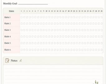 May include: A printed habit tracker sheet featuring the title Habit Tracker and the text Small steps, big change. The layout includes a monthly goal line, a grid for six habits with thirty numbered checkboxes, and a lined section for notes.
