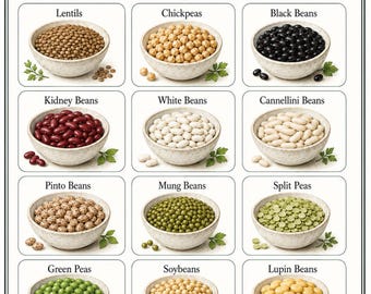 May include: A white educational poster titled High Protein Foods featuring 12 bowls of legumes including lentils, chickpeas, black beans, kidney beans, white beans, cannellini beans, pinto beans, mung beans, split peas, green peas, soybeans, and lupin beans.