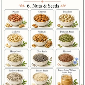 Könnte beinhalten: Eine Lehrtafel mit dem Titel High Protein Foods und dem Abschnitt 6. Nuts & Seeds. Sie zeigt zwölf Abbildungen von Schalen mit Erdnüssen, Mandeln, Pistazien, Cashews, Walnüssen, Kürbiskernen, Hanf-, Chia-, Leinsamen, Sonnenblumenkernen, Sesam und Erdnussbutter.