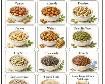 May include: An educational chart titled High Protein Foods featuring 6. Nuts & Seeds. It displays twelve illustrations of bowls filled with peanuts, almonds, pistachios, cashews, walnuts, pumpkin, hemp, chia, flax, sunflower, sesame seeds, and peanut butter.