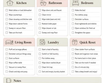 May include: A Daily Cleaning Checklist printed on paper with sections for Kitchen, Bathroom, Bedroom, Living Room, Laundry, and Quick Reset. Each section contains checkboxes and task lists. The design features soft pastel colors and botanical illustrations.