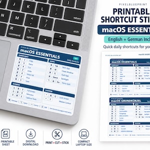 Può includere: Un adesivo rettangolare applicato sul poggiapolsi di un portatile, con una griglia blu e bianca di scorciatoie da tastiera macOS. Il testo include intestazioni come Everyday, Apps, Screen e System, con icone per i tasti Command, Option e Shift.