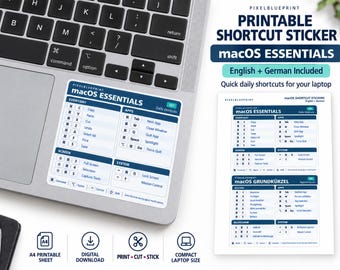 May include: A rectangular sticker applied to a laptop palm rest, featuring a blue and white grid of macOS keyboard shortcuts. The text includes headings like Everyday, Apps, Screen, and System, with icons for Command, Option, Control, and Shift keys.