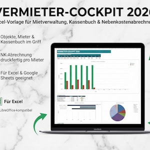 Könnte beinhalten: Ein MacBook-Laptop, das eine Tabelle mit Diagrammen und Grafiken anzeigt. Der Bildschirm zeigt den Text "VERMIETER-COCKPIT 2026" und andere deutsche Texte. Der Laptop befindet sich auf einer weißen Marmoroberfläche.